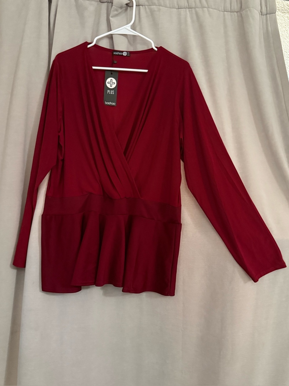 Boohoo Plus Red Long Sleeve Wrap Peplum Blouse - Size 20